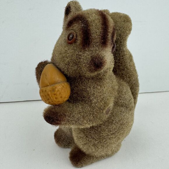 Vintage Flocked 6" Squirrel Holding Acorn Bank With Stopper Made in Hong Kong - Picture 3 of 7